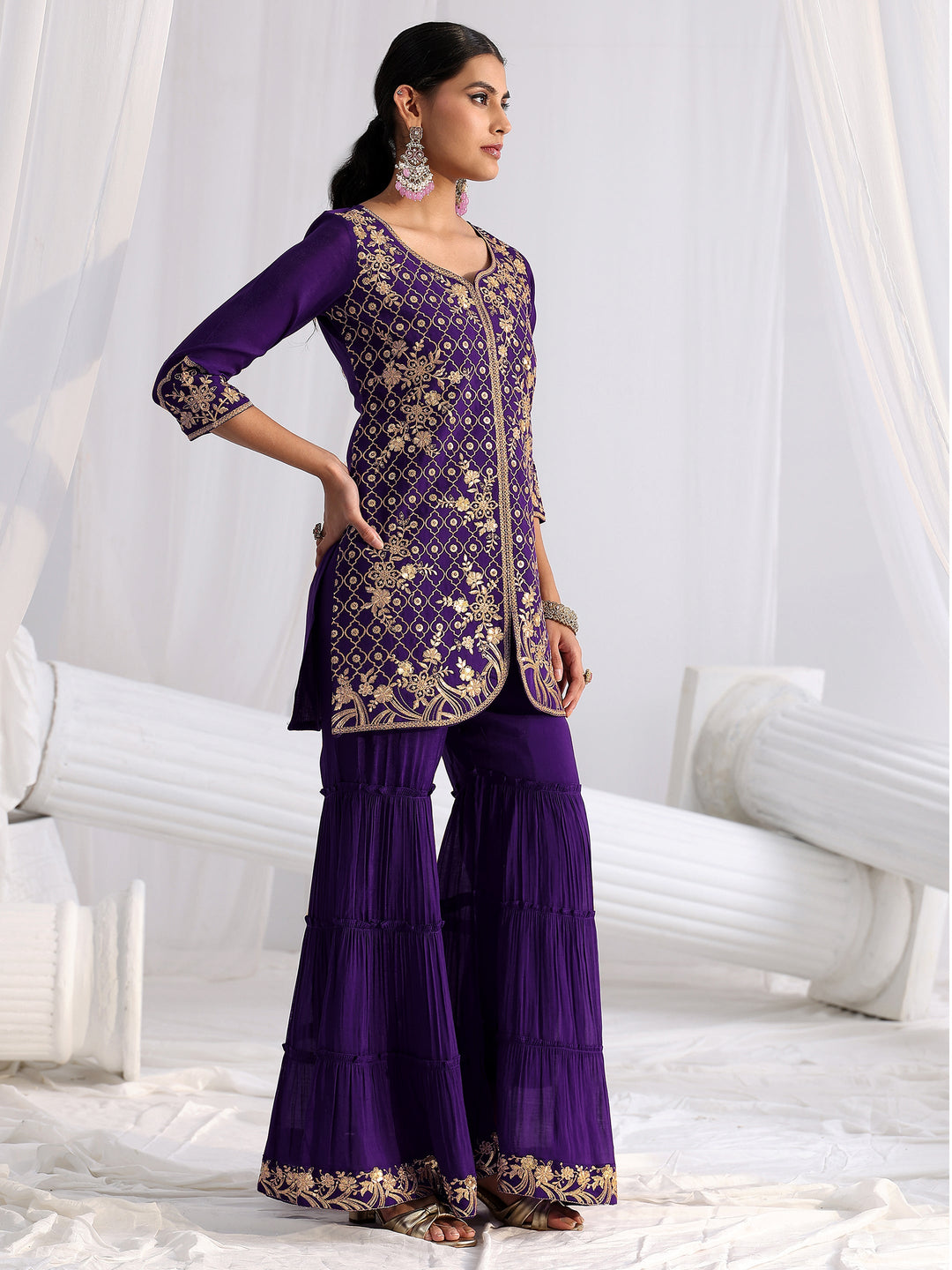  Libas Royal Purple Floral Embroidered Chanderi Cotton Sharara Suit Set 