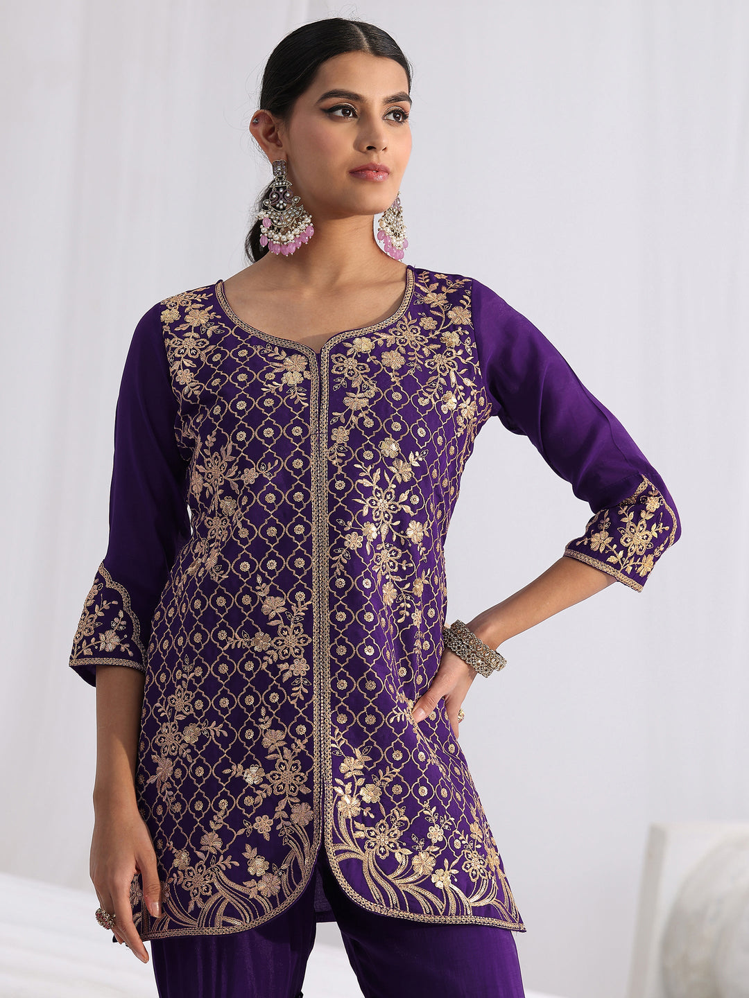  Libas Royal Purple Floral Embroidered Chanderi Cotton Sharara Suit Set 