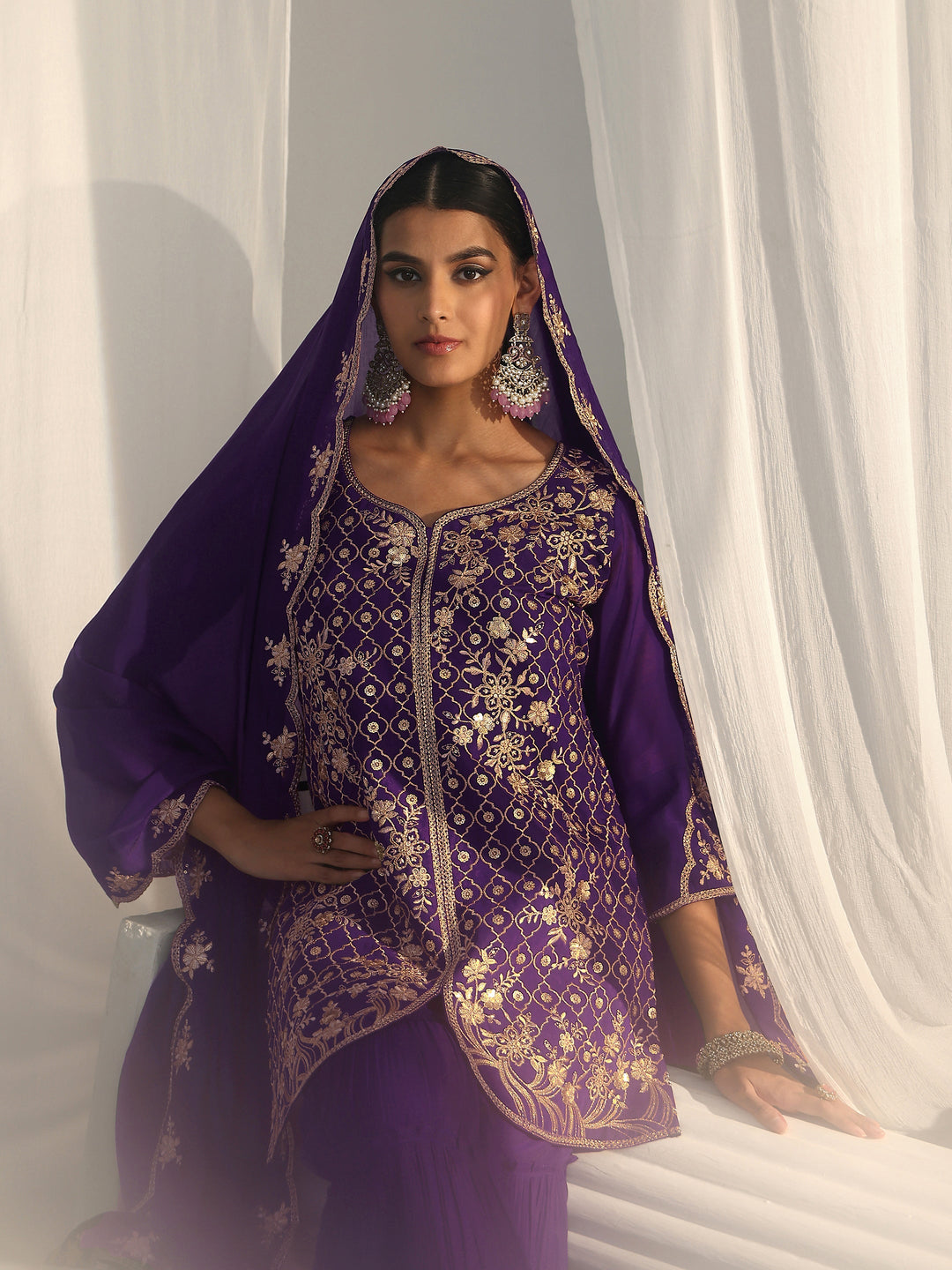  Libas Royal Purple Floral Embroidered Chanderi Cotton Sharara Suit Set 