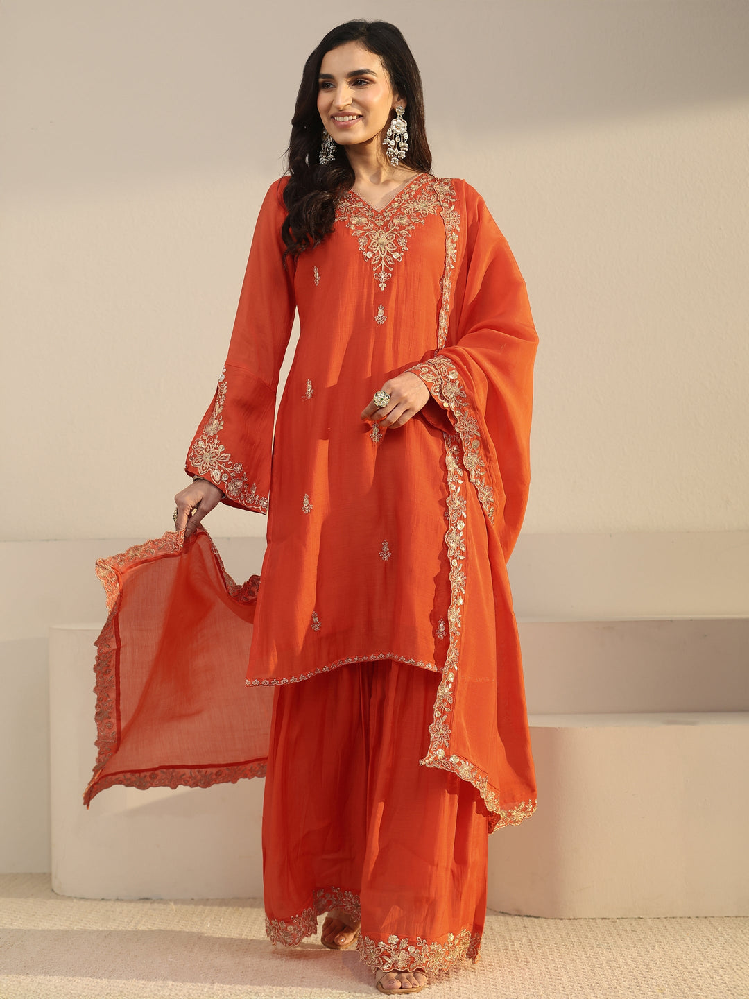  Libas Orange Floral Embroidered Chanderi Cotton Sharara Suit Set 