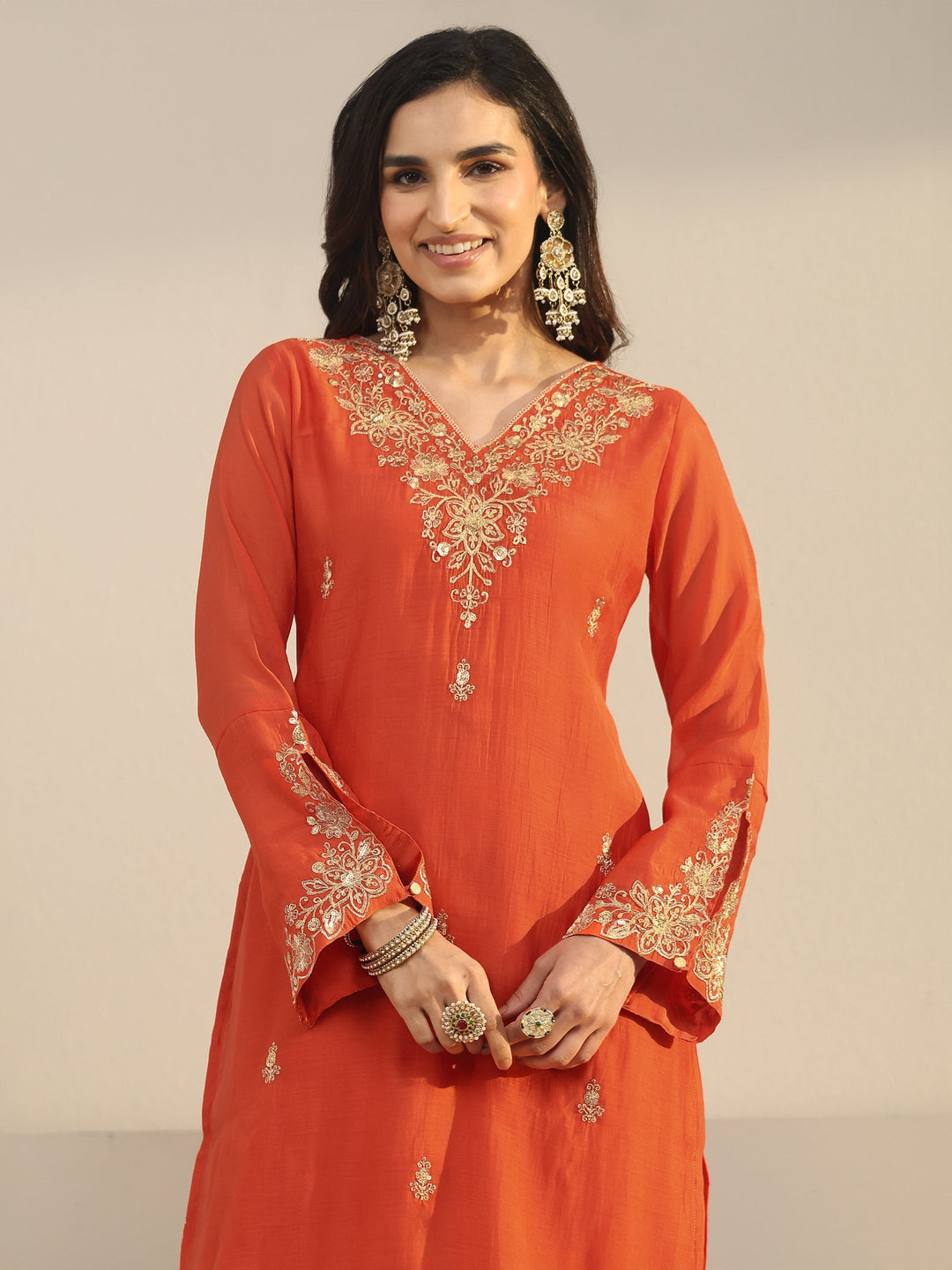  Libas Orange Floral Embroidered Chanderi Cotton Sharara Suit Set 