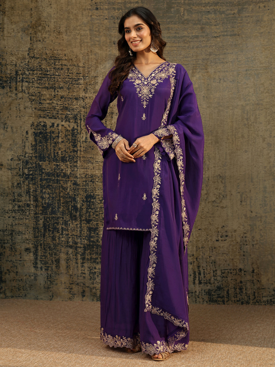  Libas Aubergine Purple Floral Embroidered Chanderi Cotton Palazzo Suit Set 
