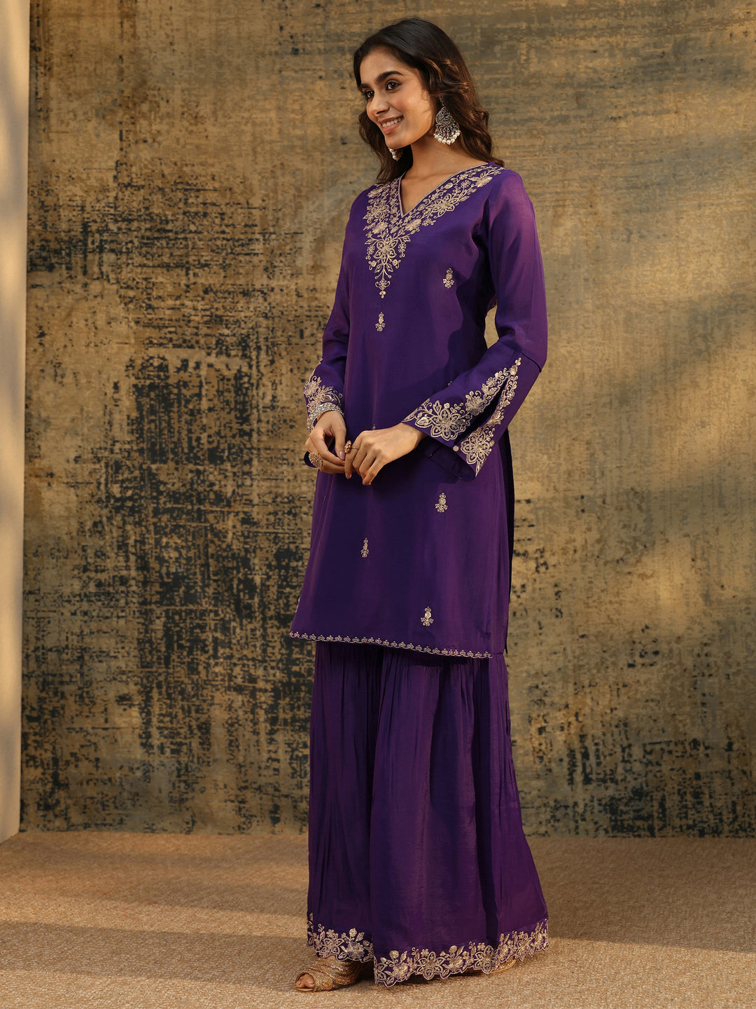  Libas Aubergine Purple Floral Embroidered Chanderi Cotton Palazzo Suit Set 