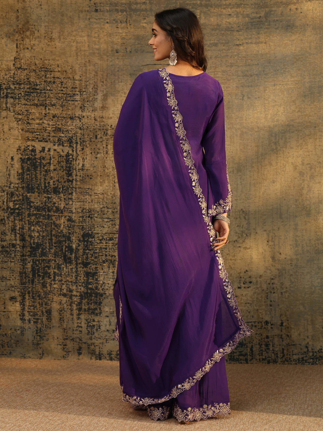  Libas Aubergine Purple Floral Embroidered Chanderi Cotton Palazzo Suit Set 