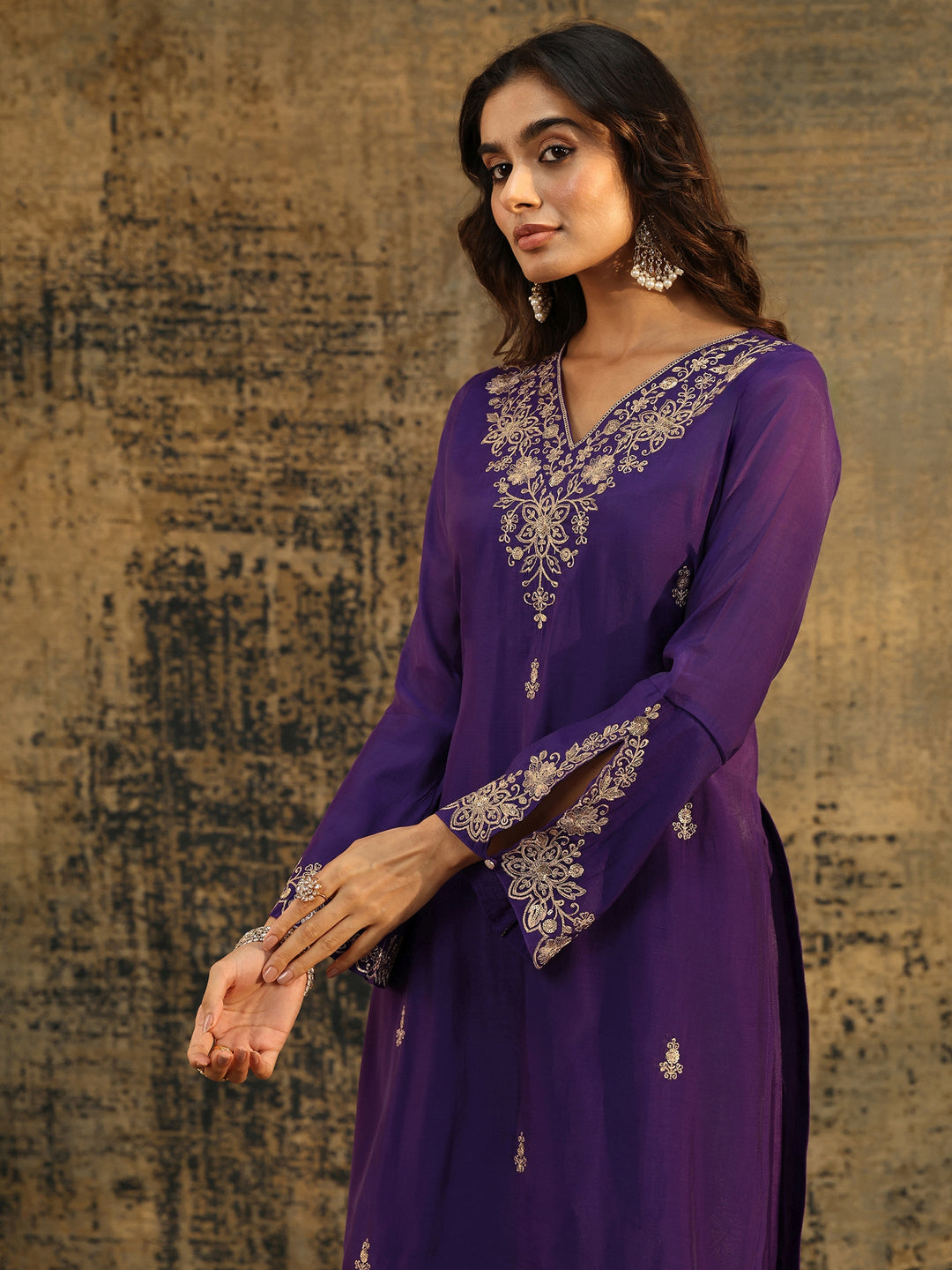  Libas Aubergine Purple Floral Embroidered Chanderi Cotton Palazzo Suit Set 