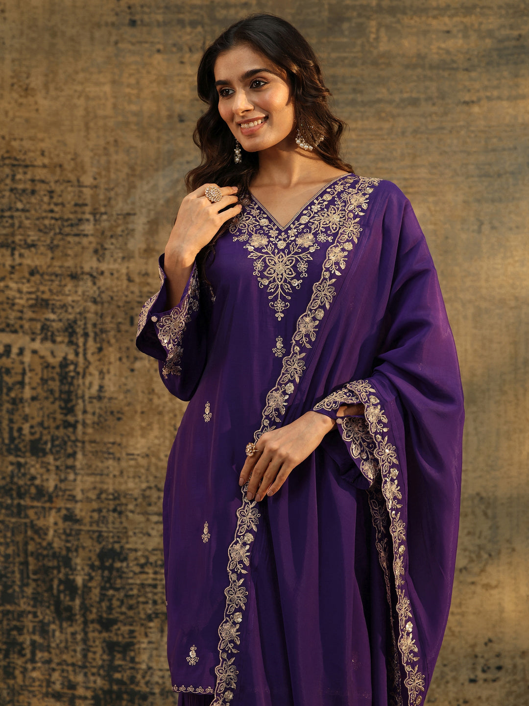 Libas Aubergine Purple Floral Embroidered Chanderi Cotton Palazzo Suit Set 