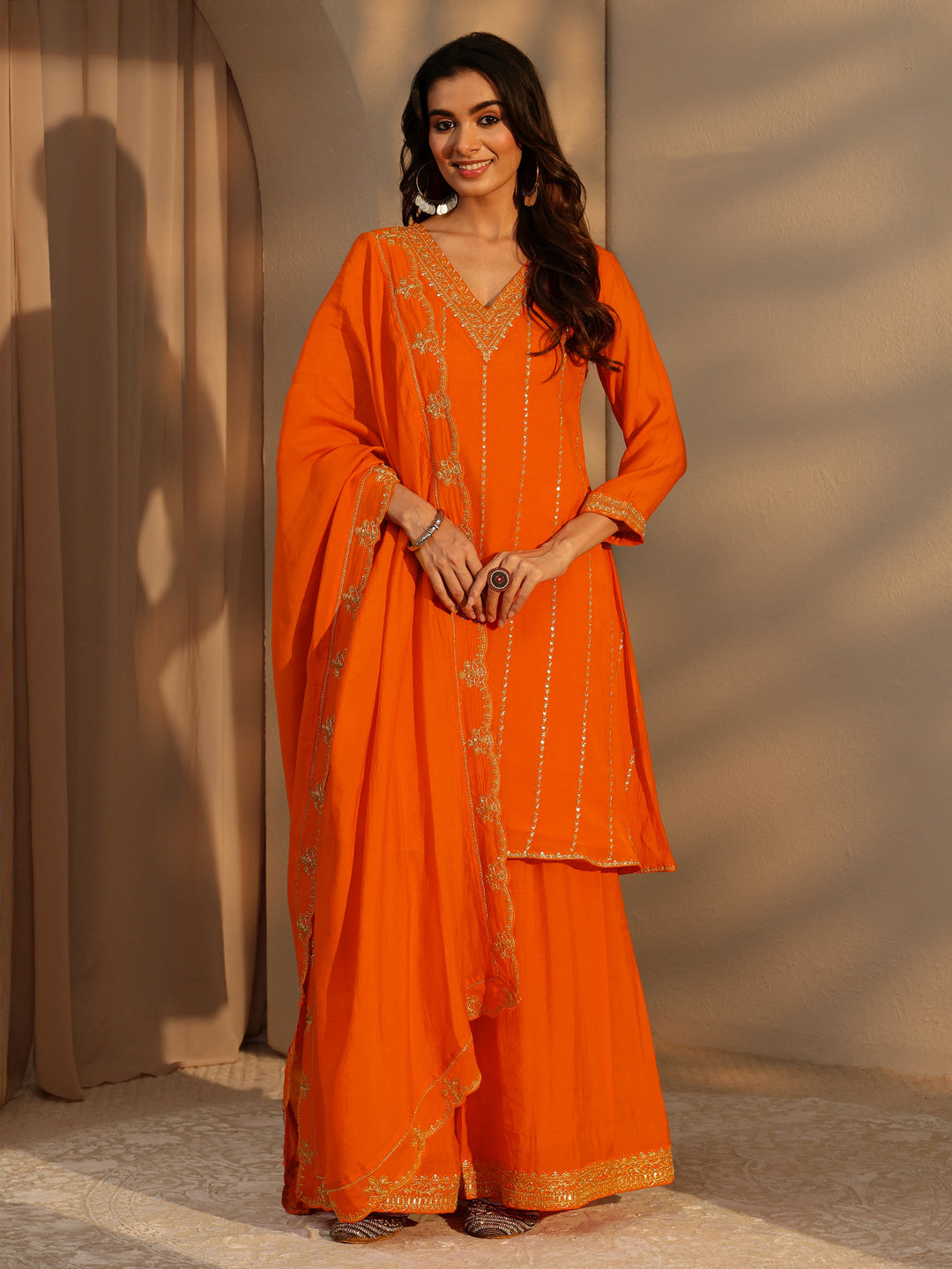  Tangerine Embellished Yoke Chanderi Cotton Palazzo Suit Set 