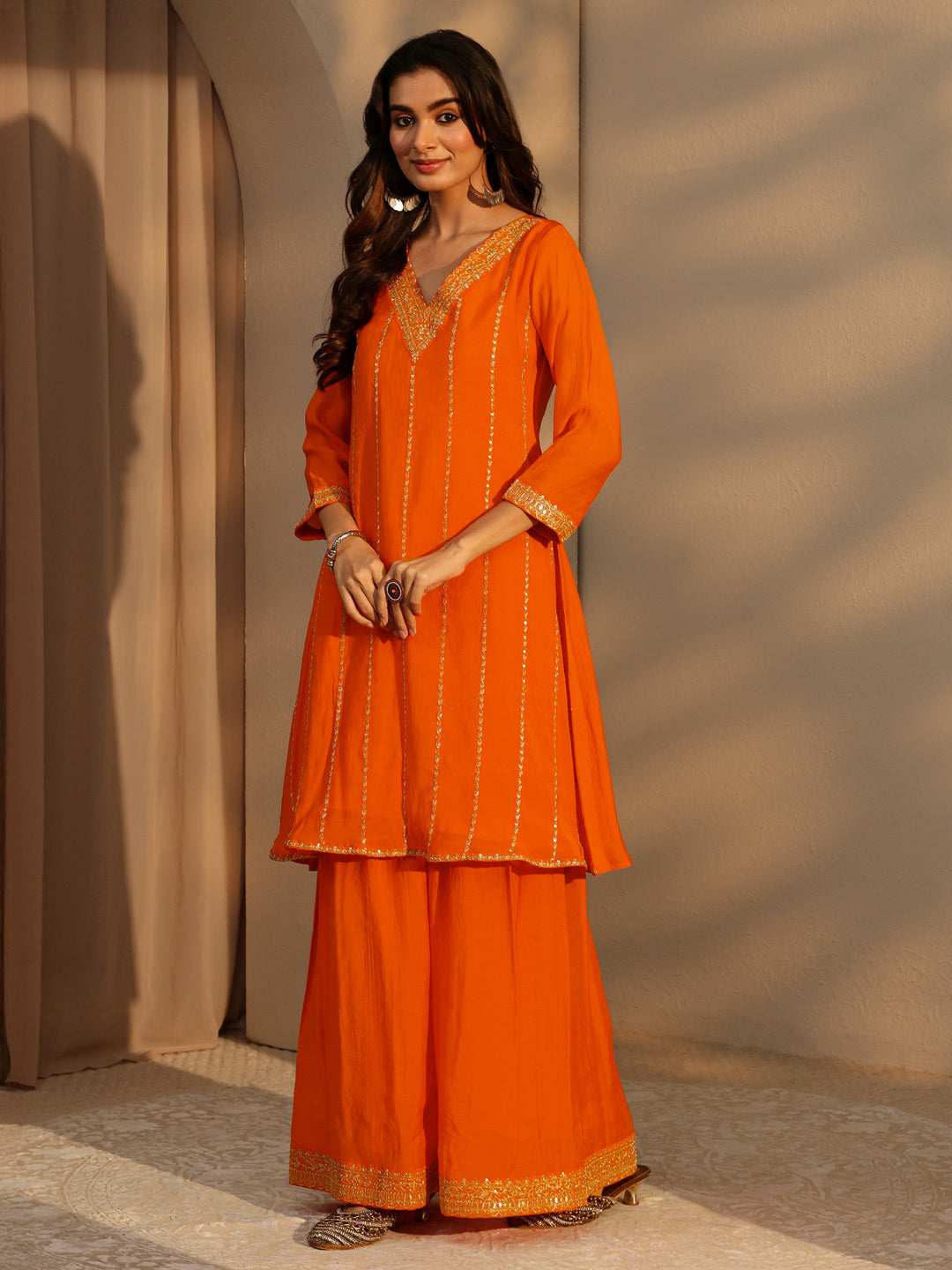  Tangerine Embellished Yoke Chanderi Cotton Palazzo Suit Set 
