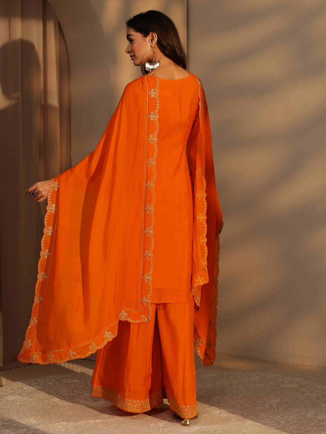  Tangerine Embellished Yoke Chanderi Cotton Palazzo Suit Set 