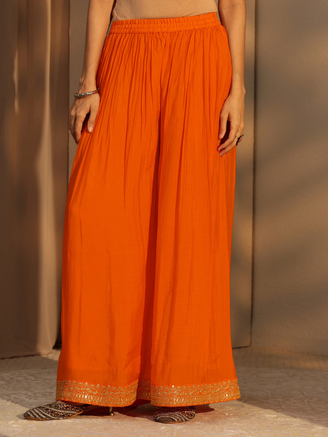  Tangerine Embellished Yoke Chanderi Cotton Palazzo Suit Set 