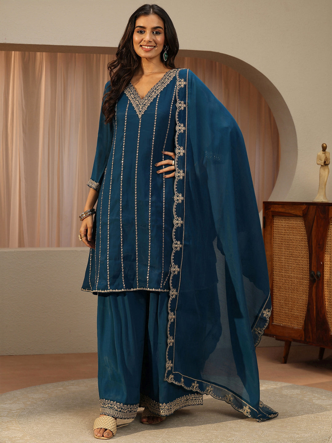  Blue Striped Embroidered Chanderi Cotton A-Line Suit Set 