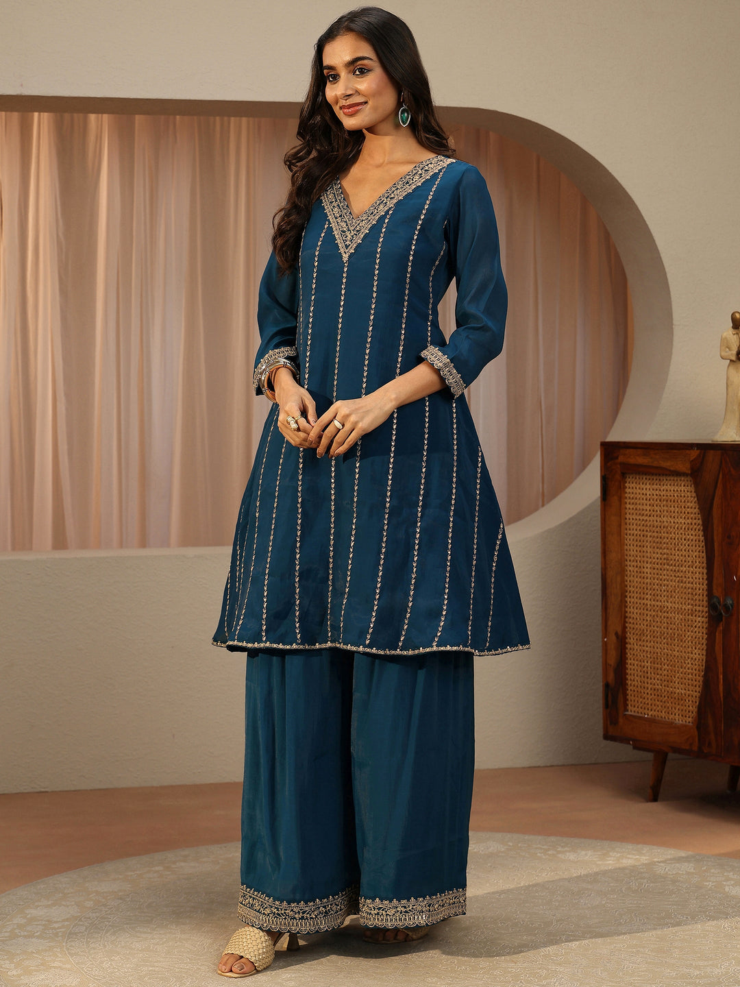  Blue Striped Embroidered Chanderi Cotton A-Line Suit Set 