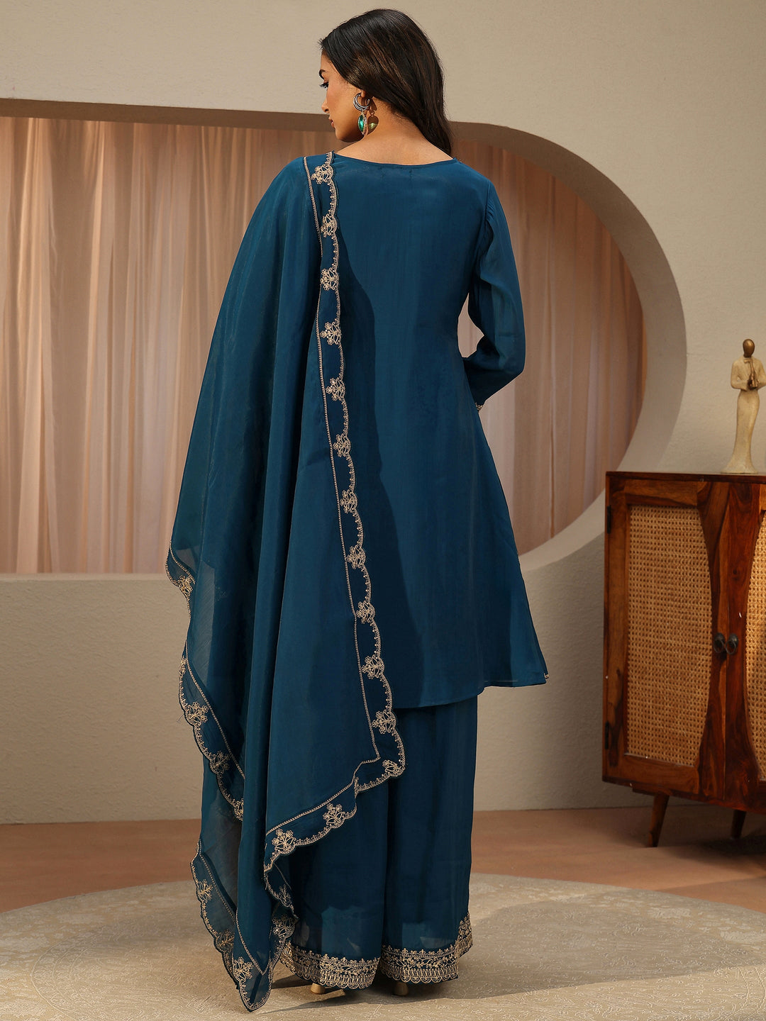  Blue Striped Embroidered Chanderi Cotton A-Line Suit Set 