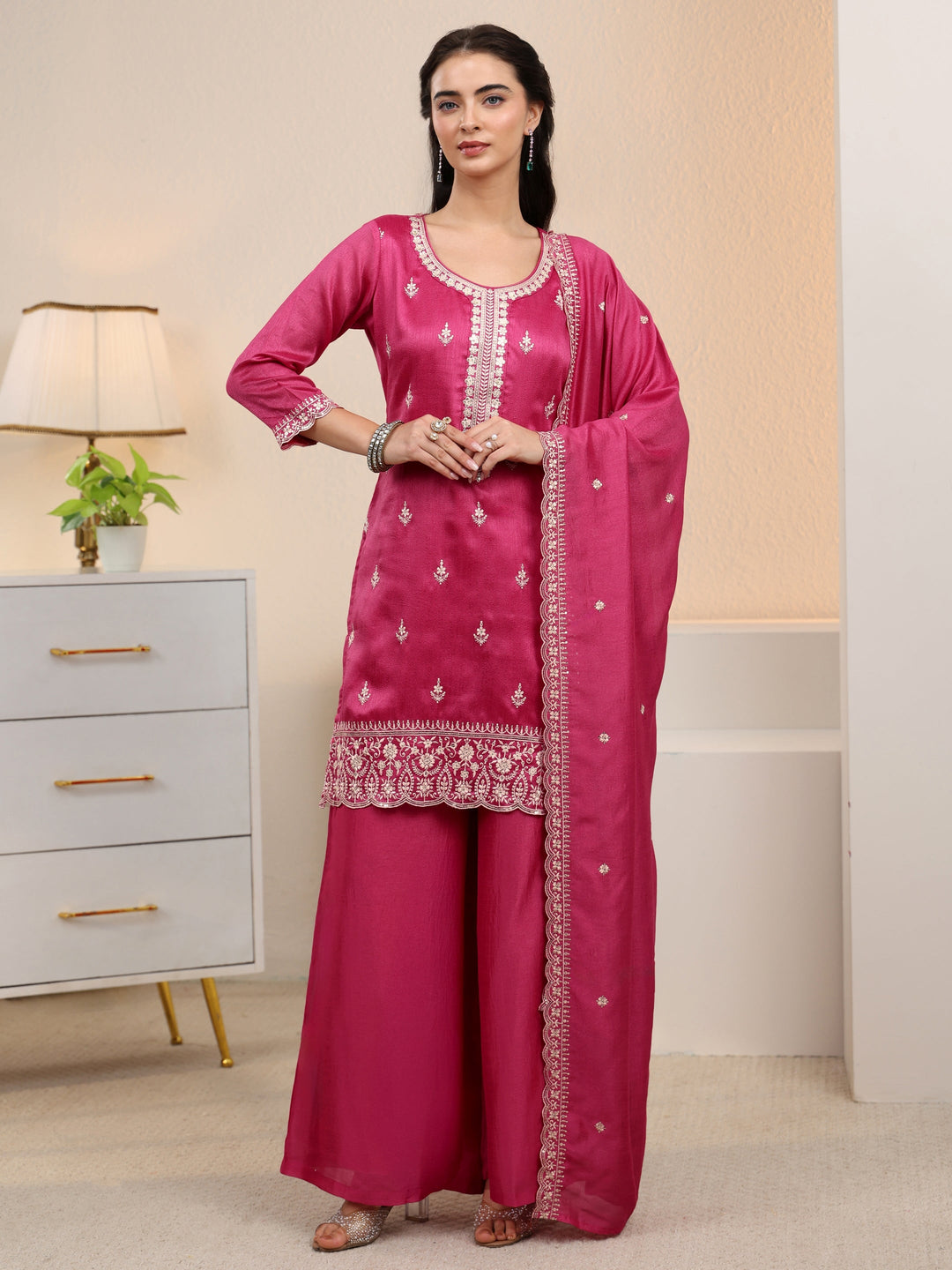  Libas Rani Pink Floral Embroidered Silk Blend Palazzo Suit Set 