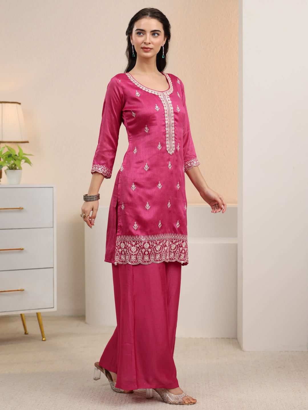  Libas Rani Pink Floral Embroidered Silk Blend Palazzo Suit Set 