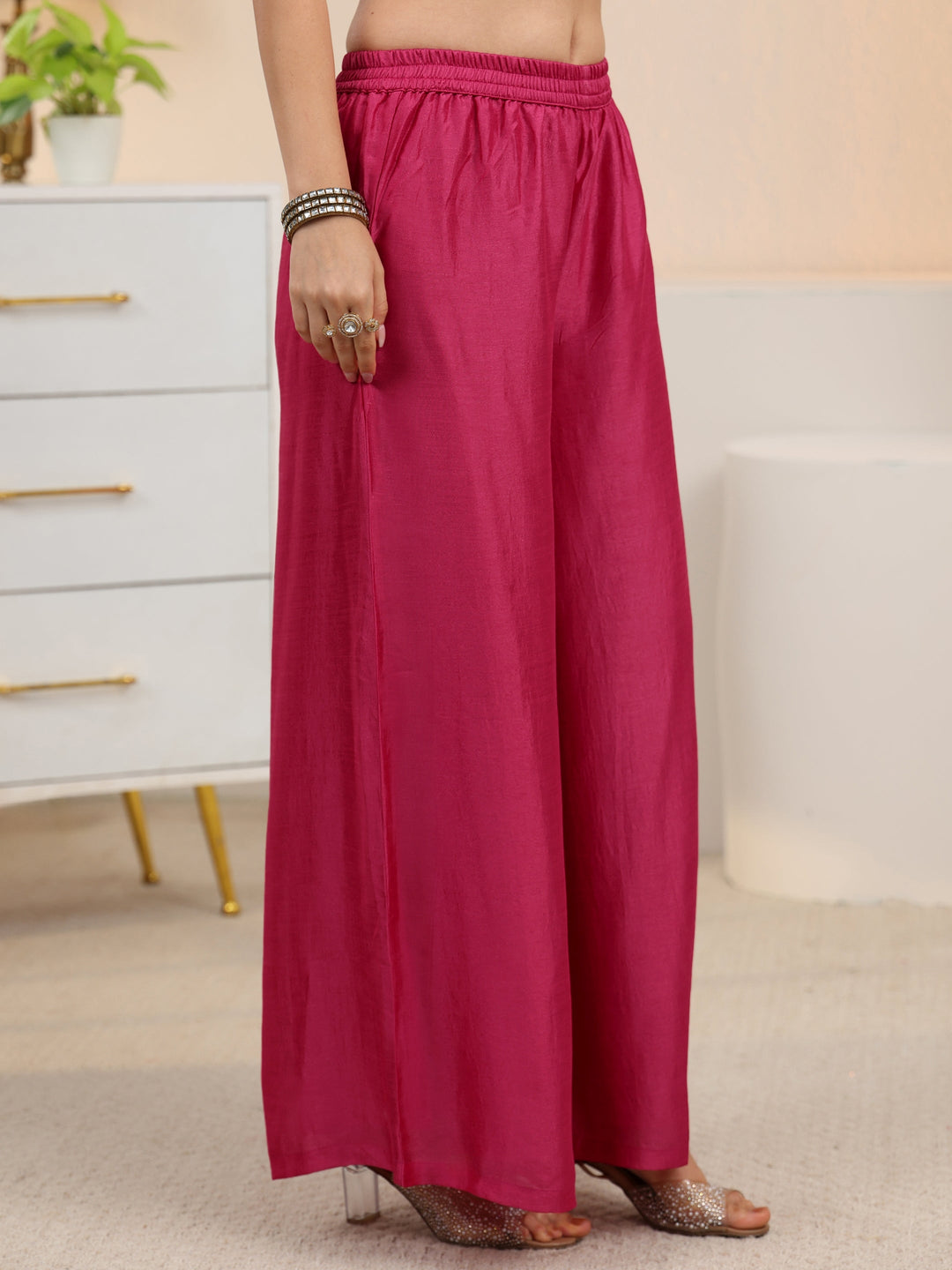  Libas Rani Pink Floral Embroidered Silk Blend Palazzo Suit Set 