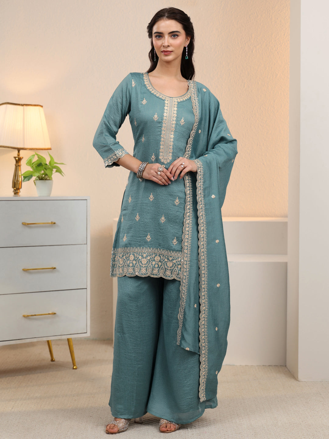  Libas Dusty Blue Floral Embroidered Silk Blend Palazzo Suit Set 