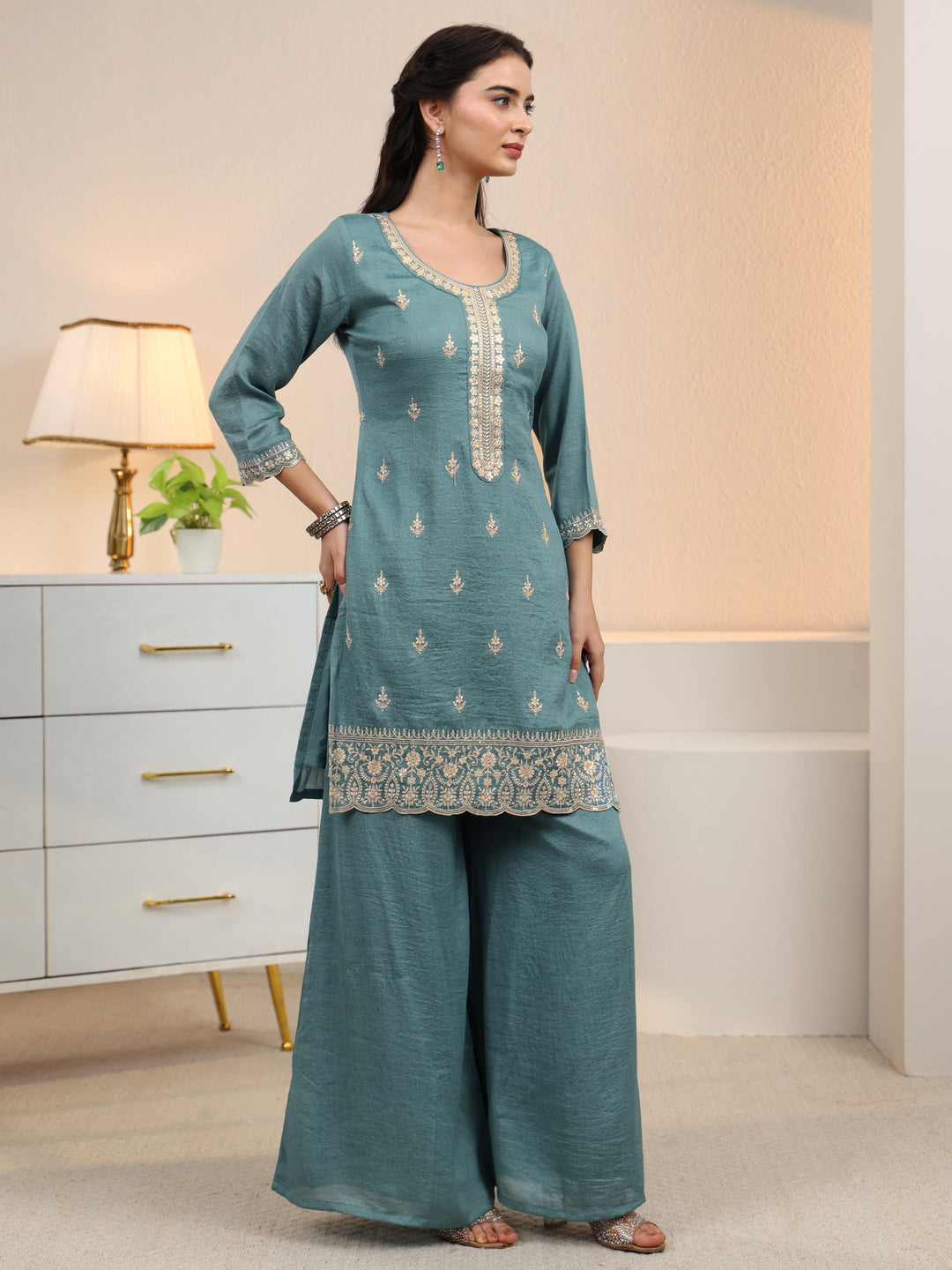  Libas Dusty Blue Floral Embroidered Silk Blend Palazzo Suit Set 