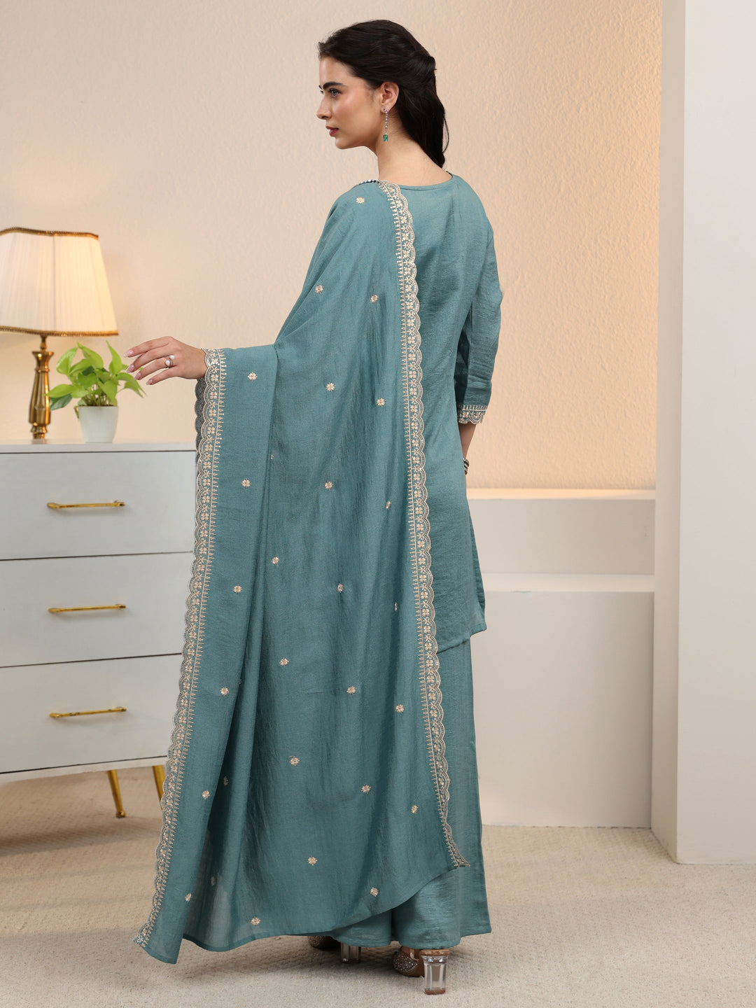  Libas Dusty Blue Floral Embroidered Silk Blend Palazzo Suit Set 