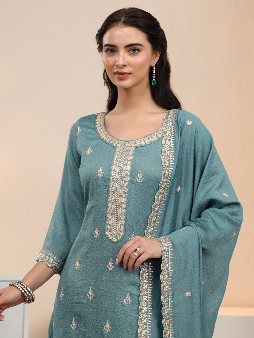  Libas Dusty Blue Floral Embroidered Silk Blend Palazzo Suit Set 