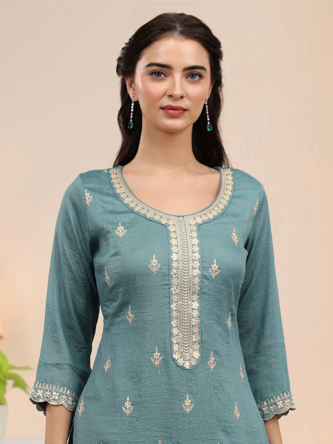  Libas Dusty Blue Floral Embroidered Silk Blend Palazzo Suit Set 