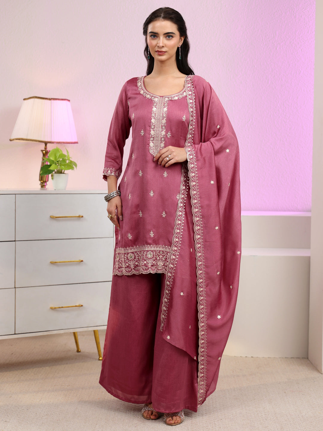  Libas Dusty Rose Pink Floral Embroidered Silk Blend Palazzo Suit Set 