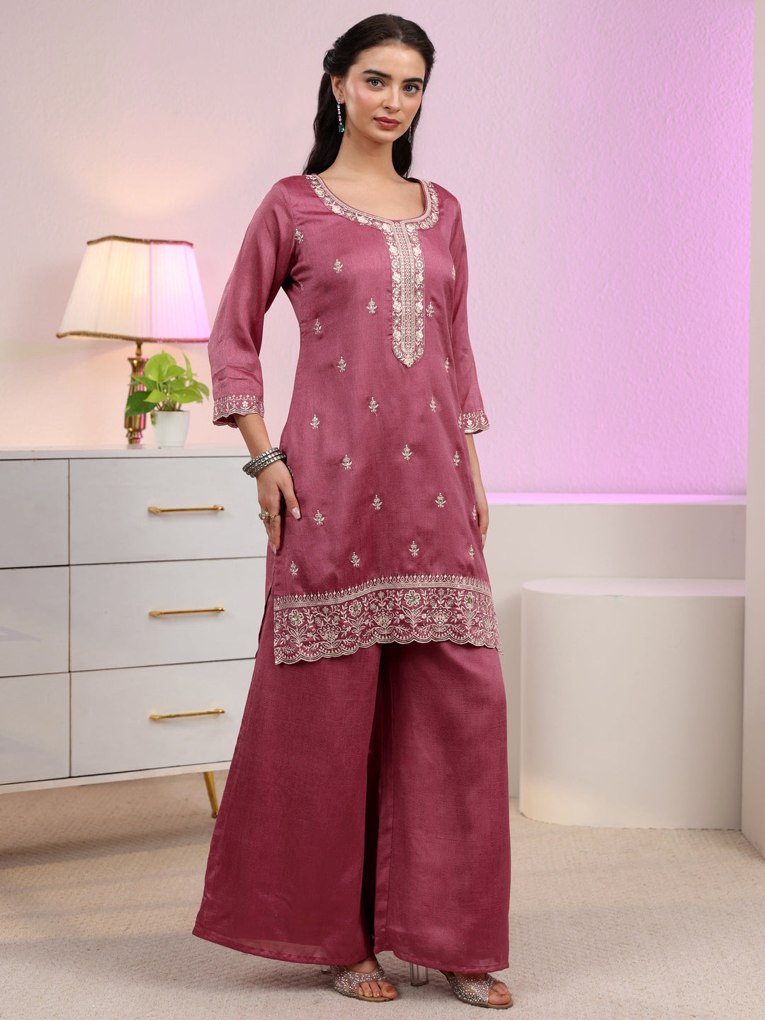  Libas Dusty Rose Pink Floral Embroidered Silk Blend Palazzo Suit Set 