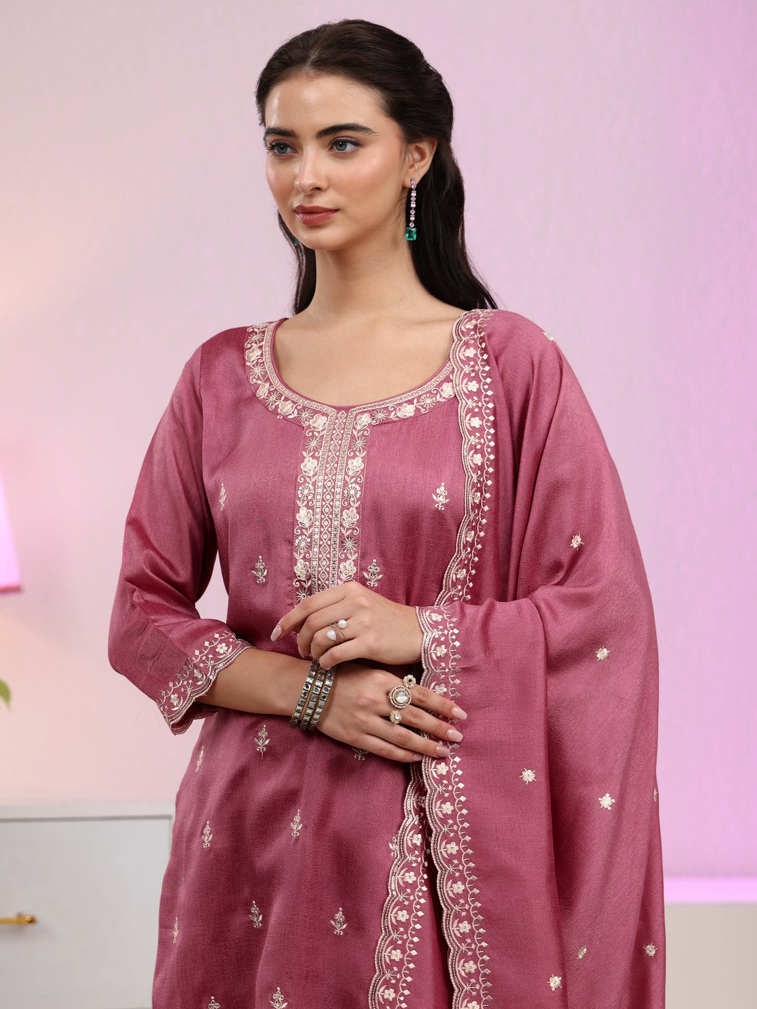  Libas Dusty Rose Pink Floral Embroidered Silk Blend Palazzo Suit Set 