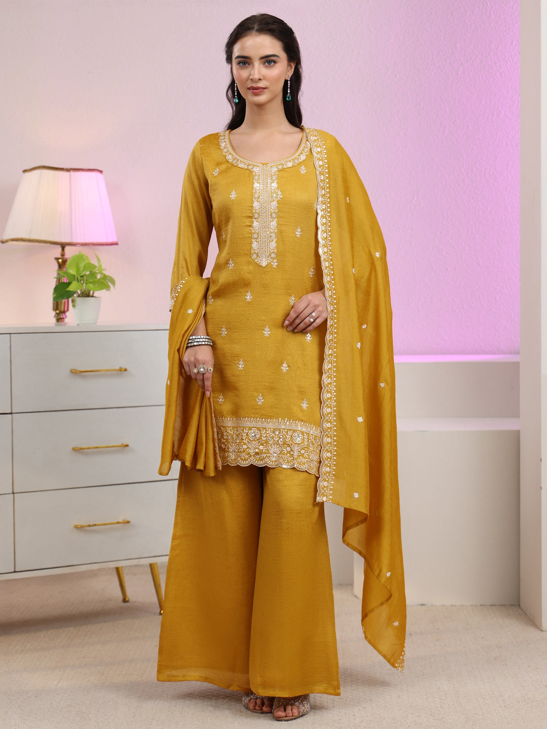  Libas Mustard Floral Embroidered Silk Blend Palazzo Suit Set 
