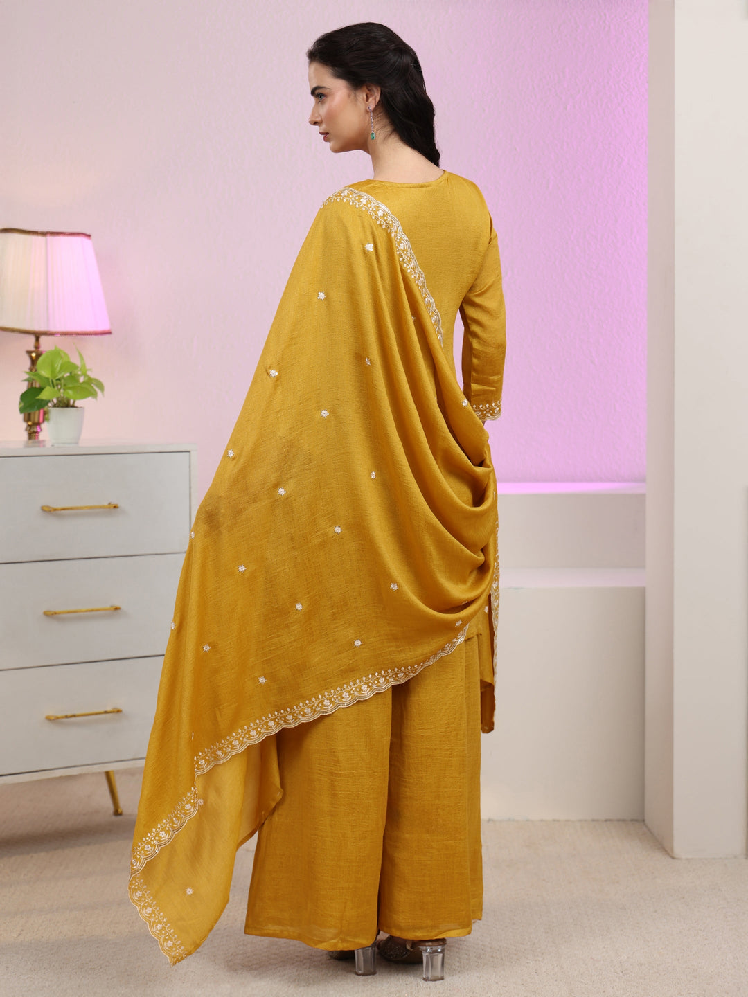  Libas Mustard Floral Embroidered Silk Blend Palazzo Suit Set 