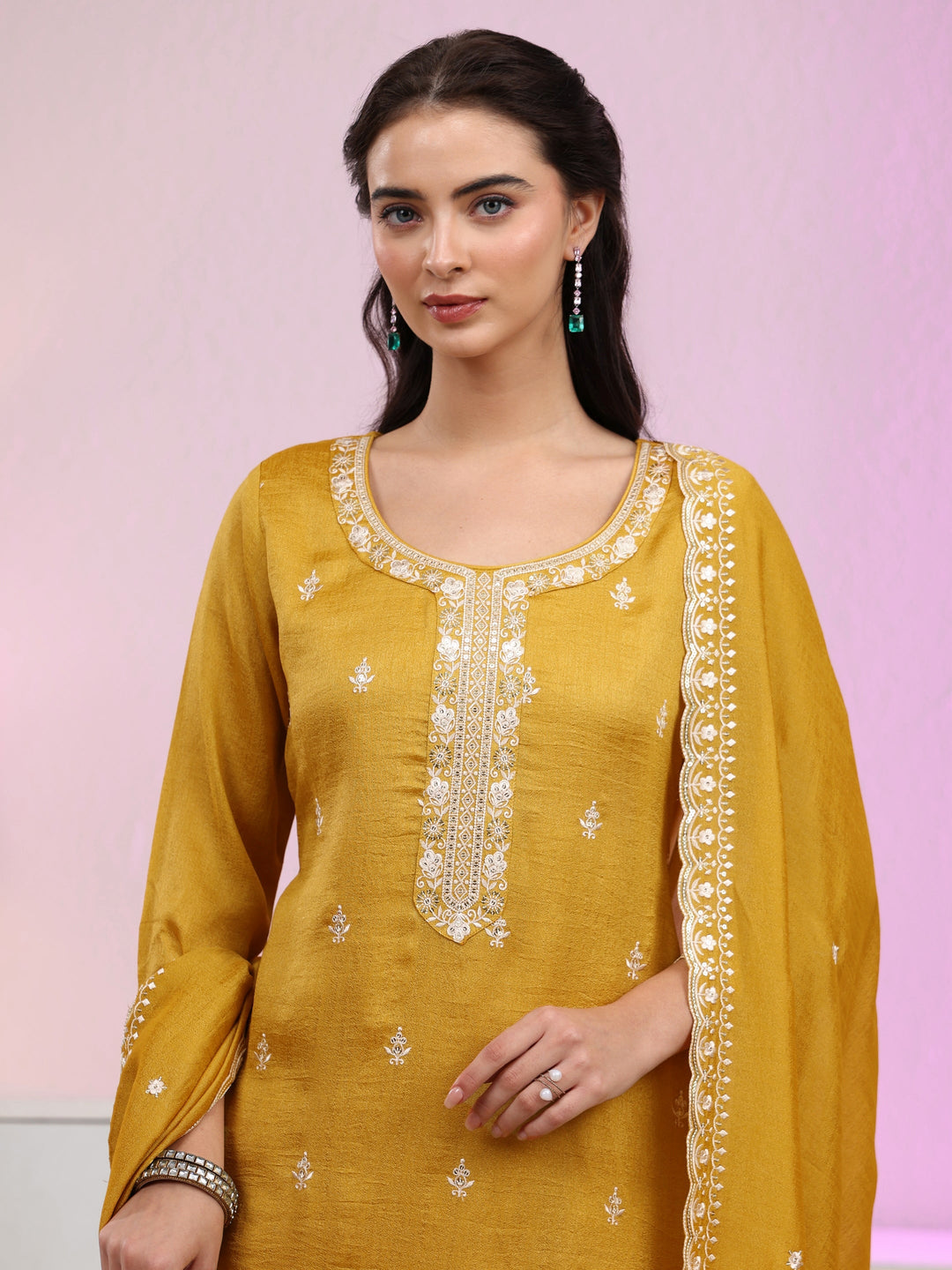 Libas Mustard Floral Embroidered Silk Blend Palazzo Suit Set 