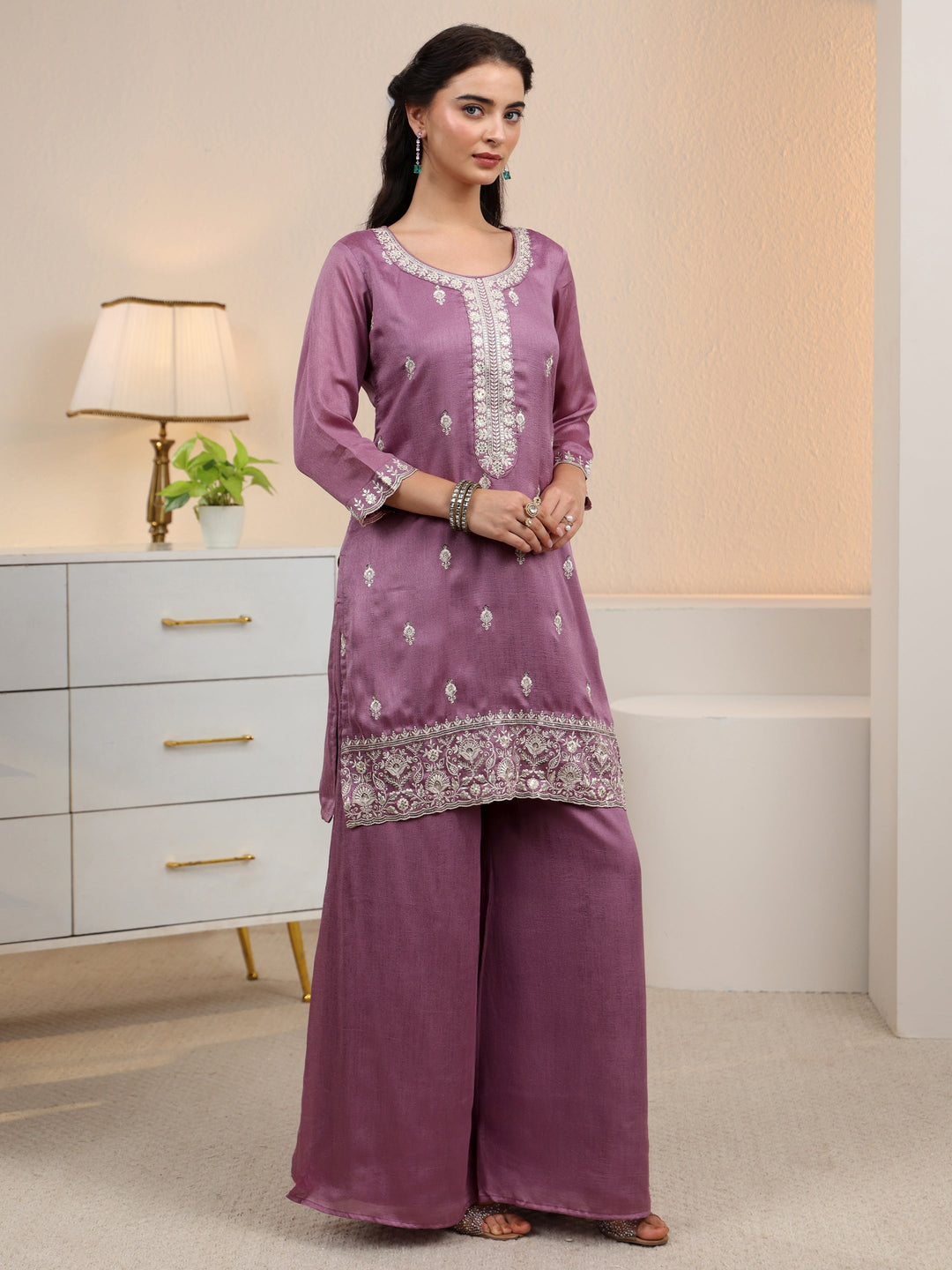  Libas Mauve Floral Embroidered Silk Blend Palazzo Suit Set 
