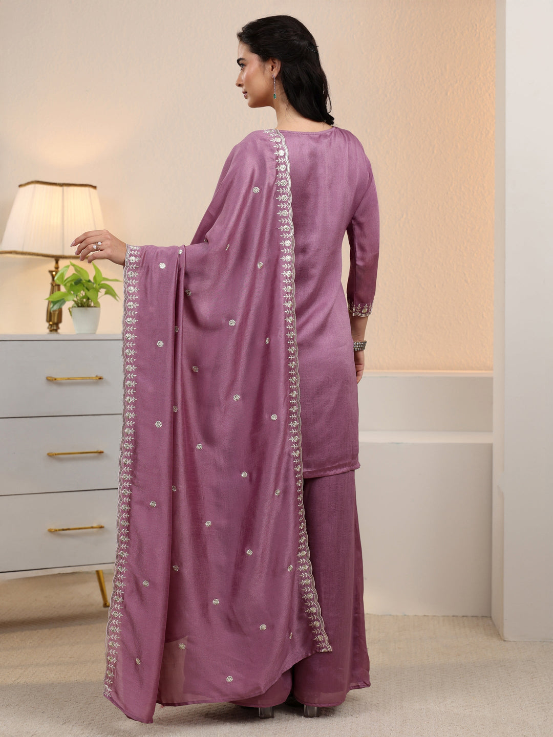  Libas Mauve Floral Embroidered Silk Blend Palazzo Suit Set 