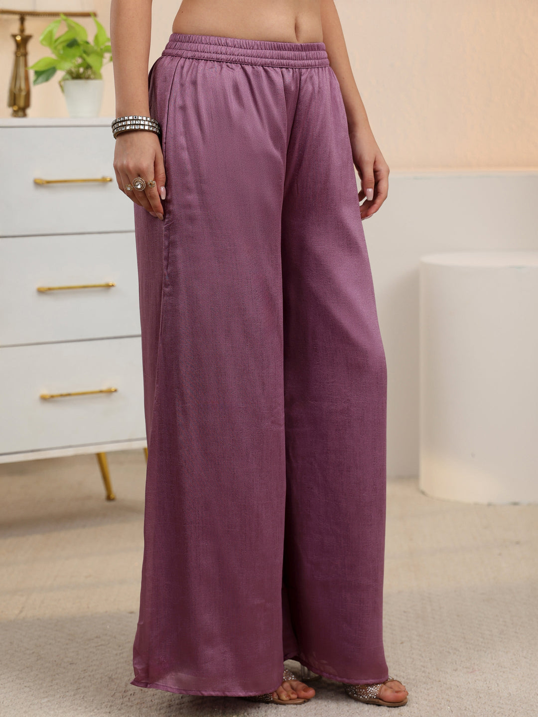  Libas Mauve Floral Embroidered Silk Blend Palazzo Suit Set 