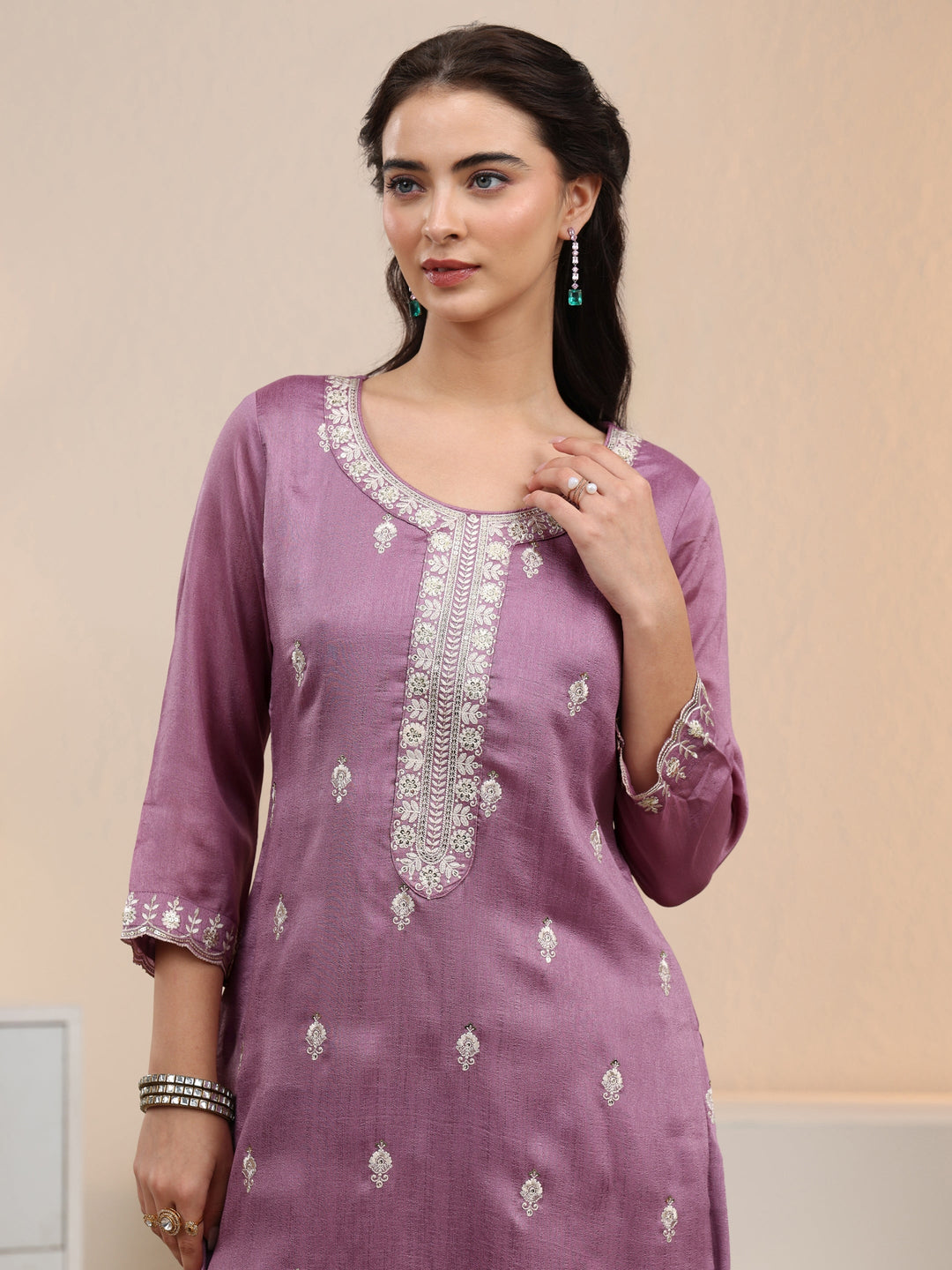  Libas Mauve Floral Embroidered Silk Blend Palazzo Suit Set 