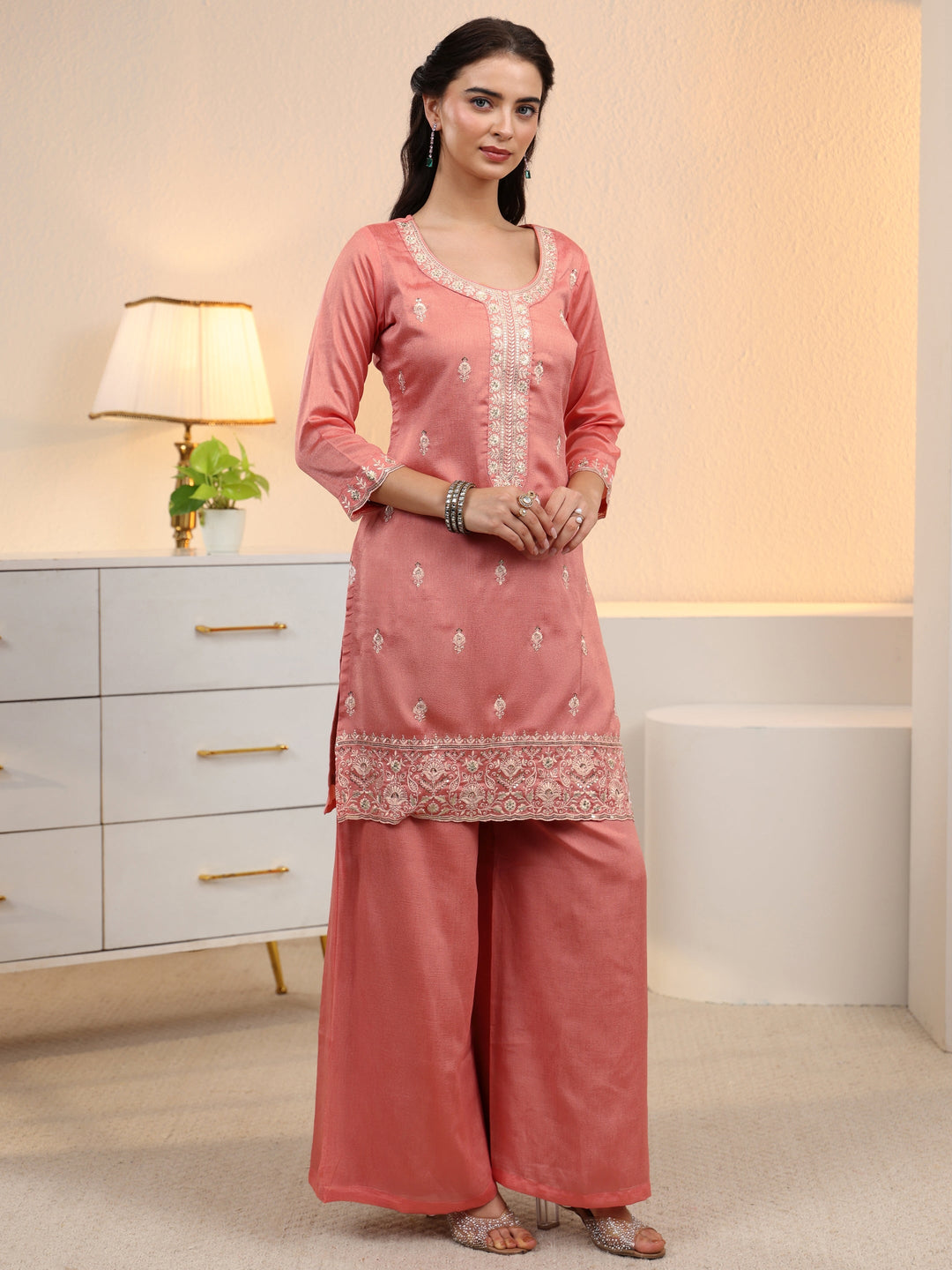  Libas Peach Pink Floral Embroidered Silk Blend Palazzo Suit Set 