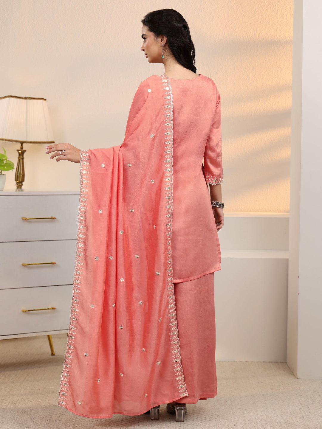  Libas Peach Pink Floral Embroidered Silk Blend Palazzo Suit Set 