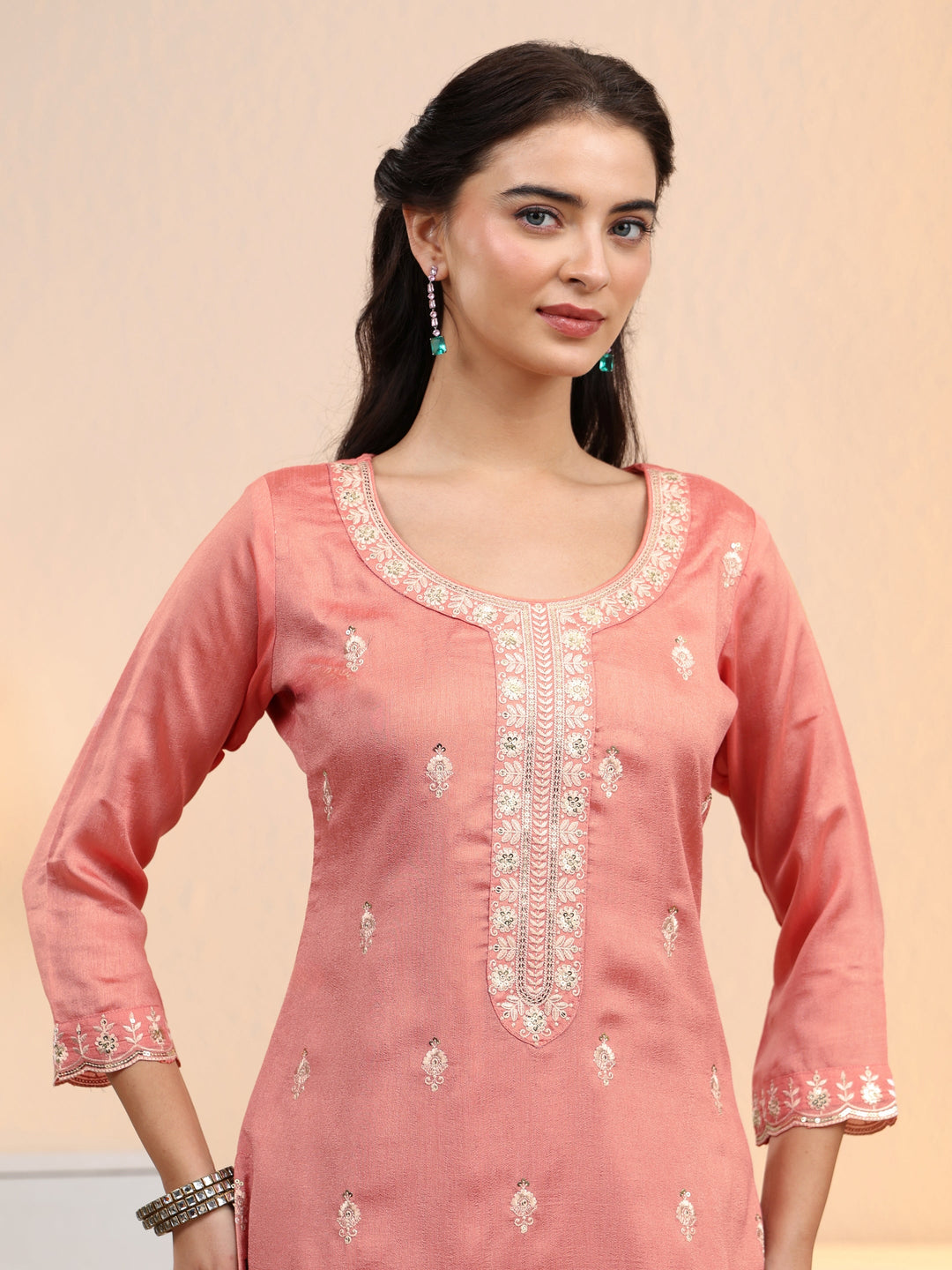  Libas Peach Pink Floral Embroidered Silk Blend Palazzo Suit Set 