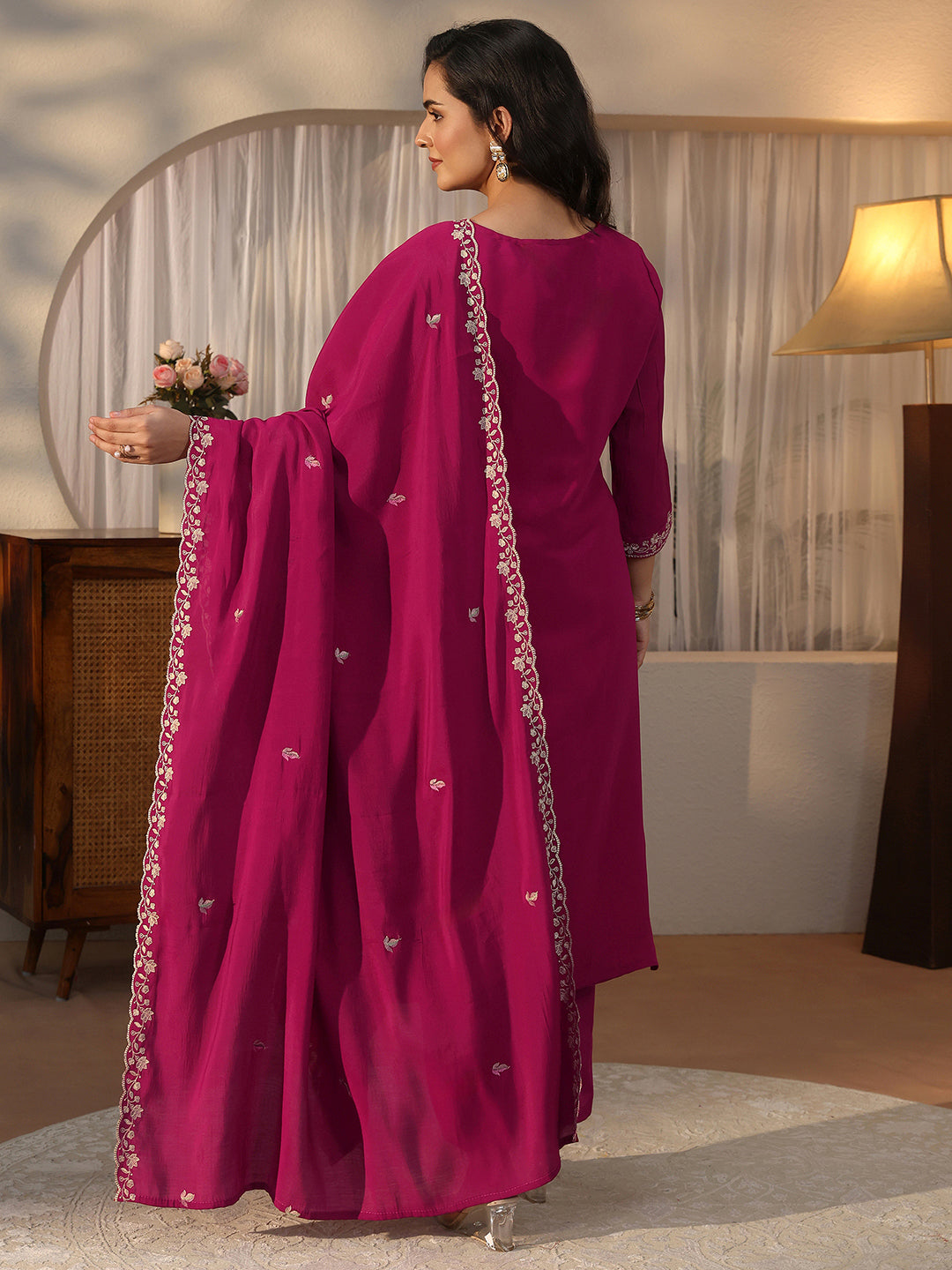  Libas Pink Floral Embroidered Silk Blend Straight Suit Set 