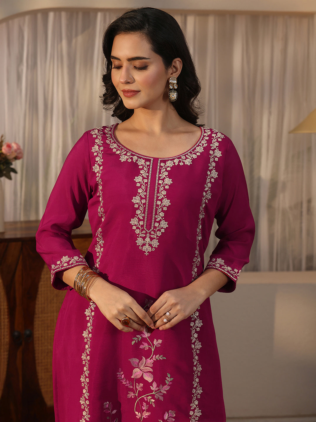  Libas Pink Floral Embroidered Silk Blend Straight Suit Set 