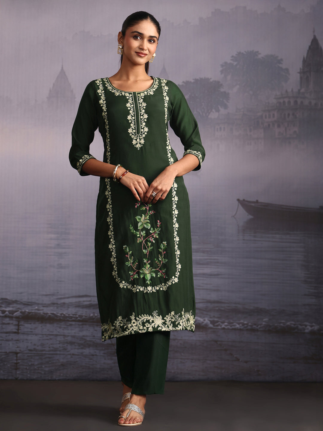  Libas Green Floral Embroidered Silk Blend Straight Suit Set 