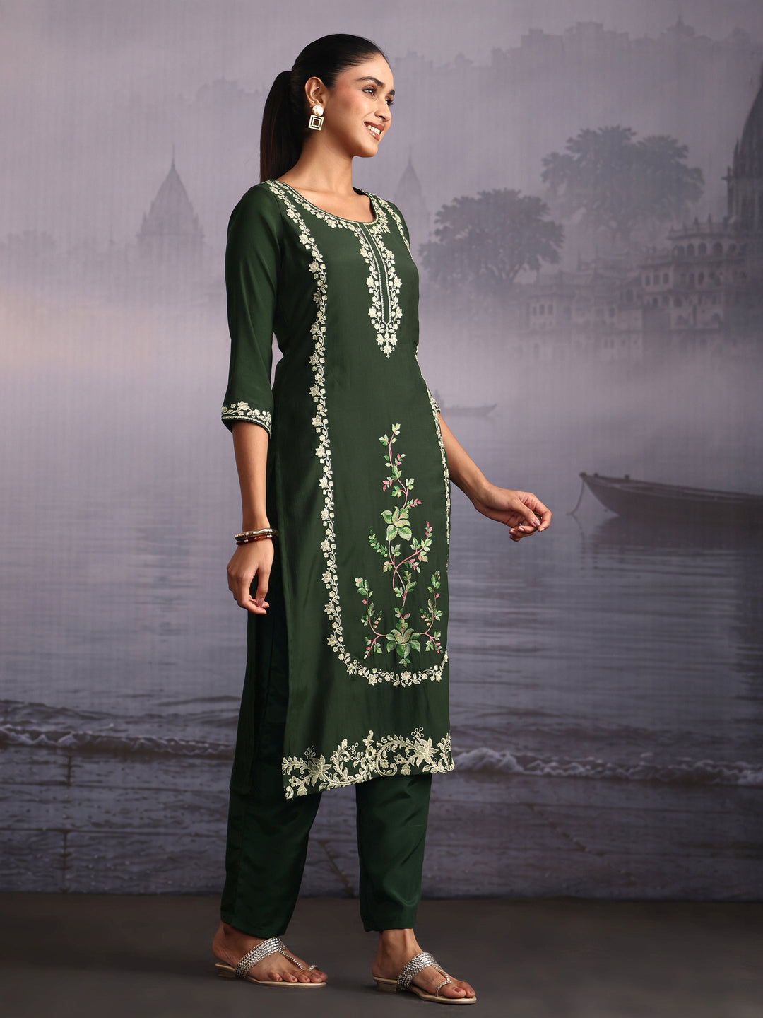  Libas Green Floral Embroidered Silk Blend Straight Suit Set 