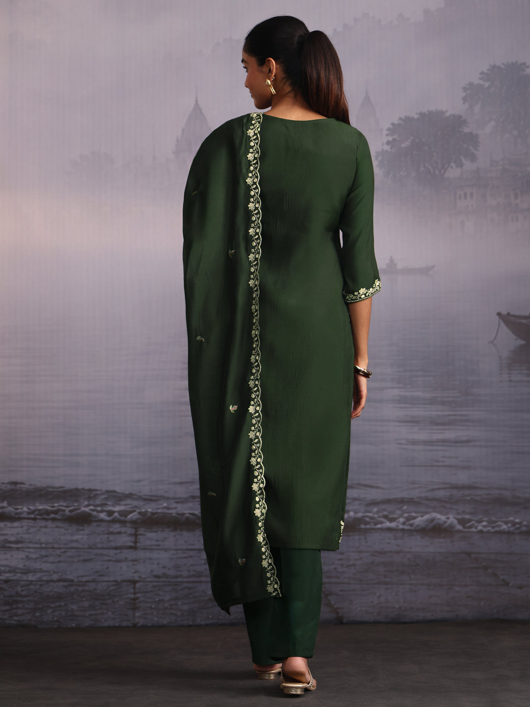  Libas Green Floral Embroidered Silk Blend Straight Suit Set 