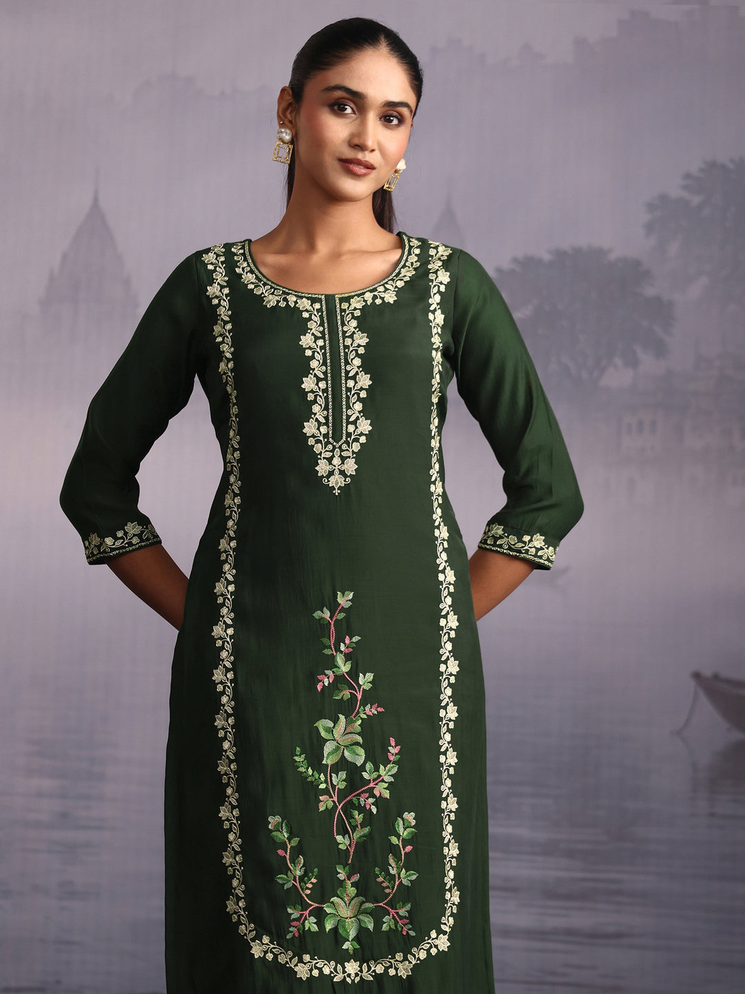  Libas Green Floral Embroidered Silk Blend Straight Suit Set 