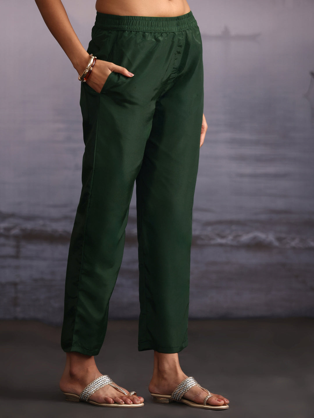  Libas Green Floral Embroidered Silk Blend Straight Suit Set 