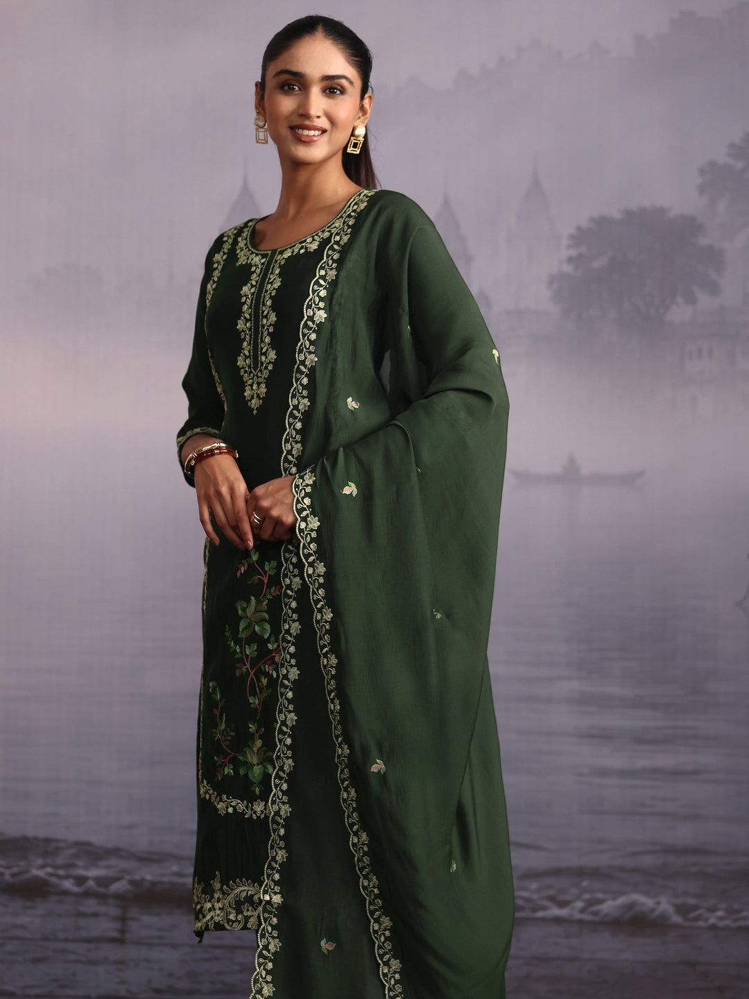  Libas Green Floral Embroidered Silk Blend Straight Suit Set 