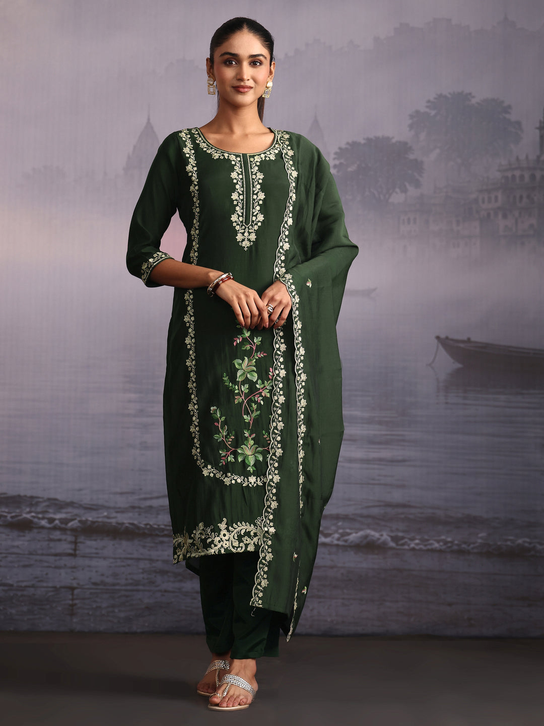  Libas Green Floral Embroidered Silk Blend Straight Suit Set 