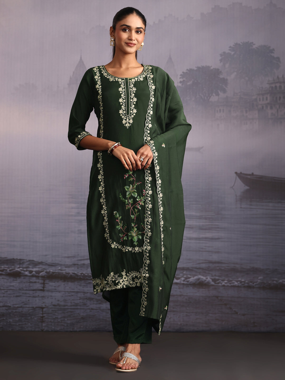  Libas Green Floral Embroidered Silk Blend Straight Suit Set 
