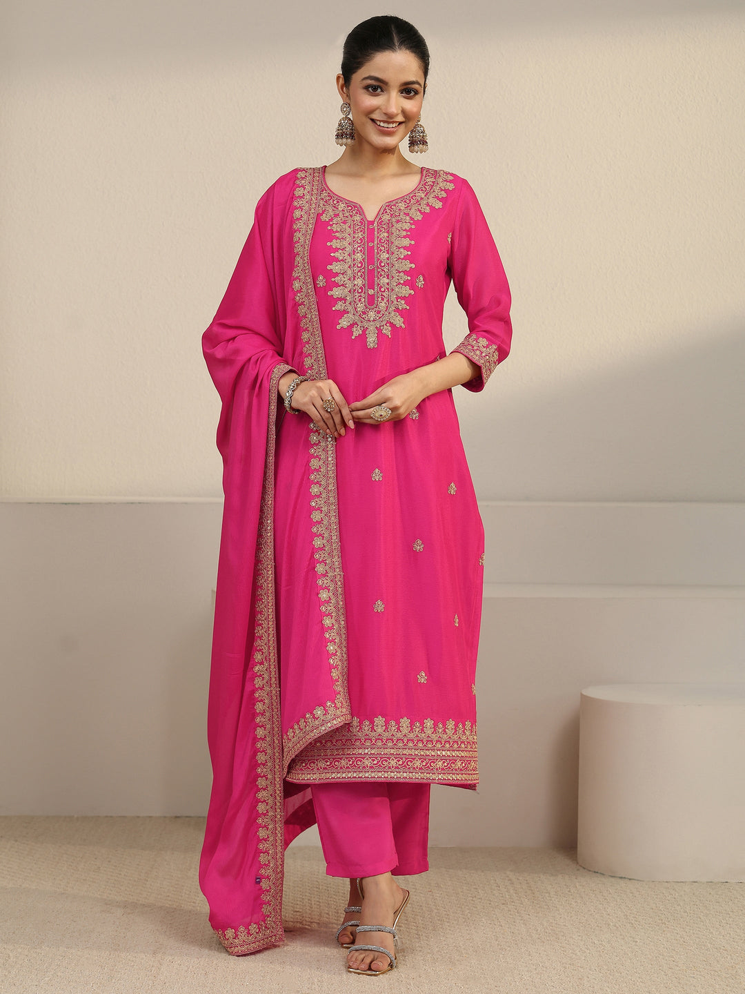  Libas Fuchsia Pink Yoke Embroidered Chinon Straight Suit Set 