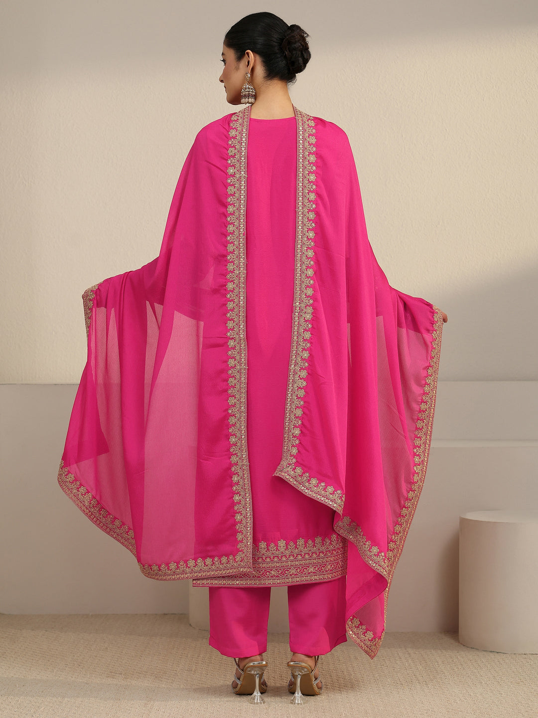  Libas Fuchsia Pink Yoke Embroidered Chinon Straight Suit Set 